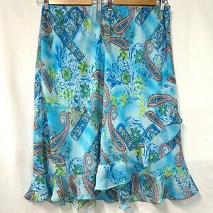 Y2K 2000s Blue Green Paisley Asymmetrical Ruffle Midi Skirt Lined Women Plus 24W